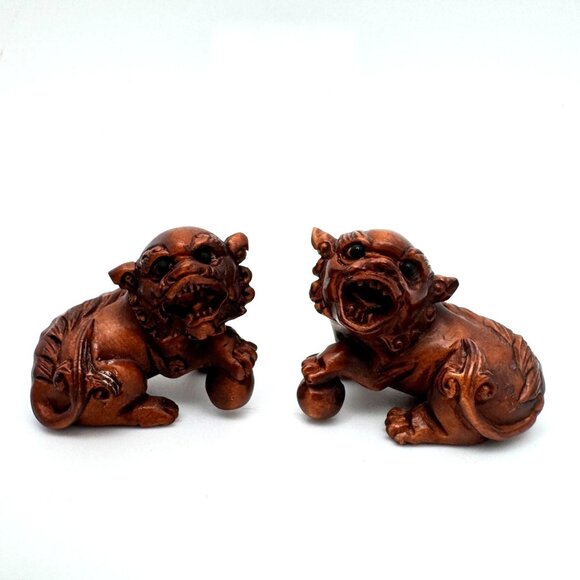 Ojime Netsuke 2 Foo Dog Lion Figurines Hand-Carved Boxwood Signed No Hole #2.2 - Picture 4 of 8